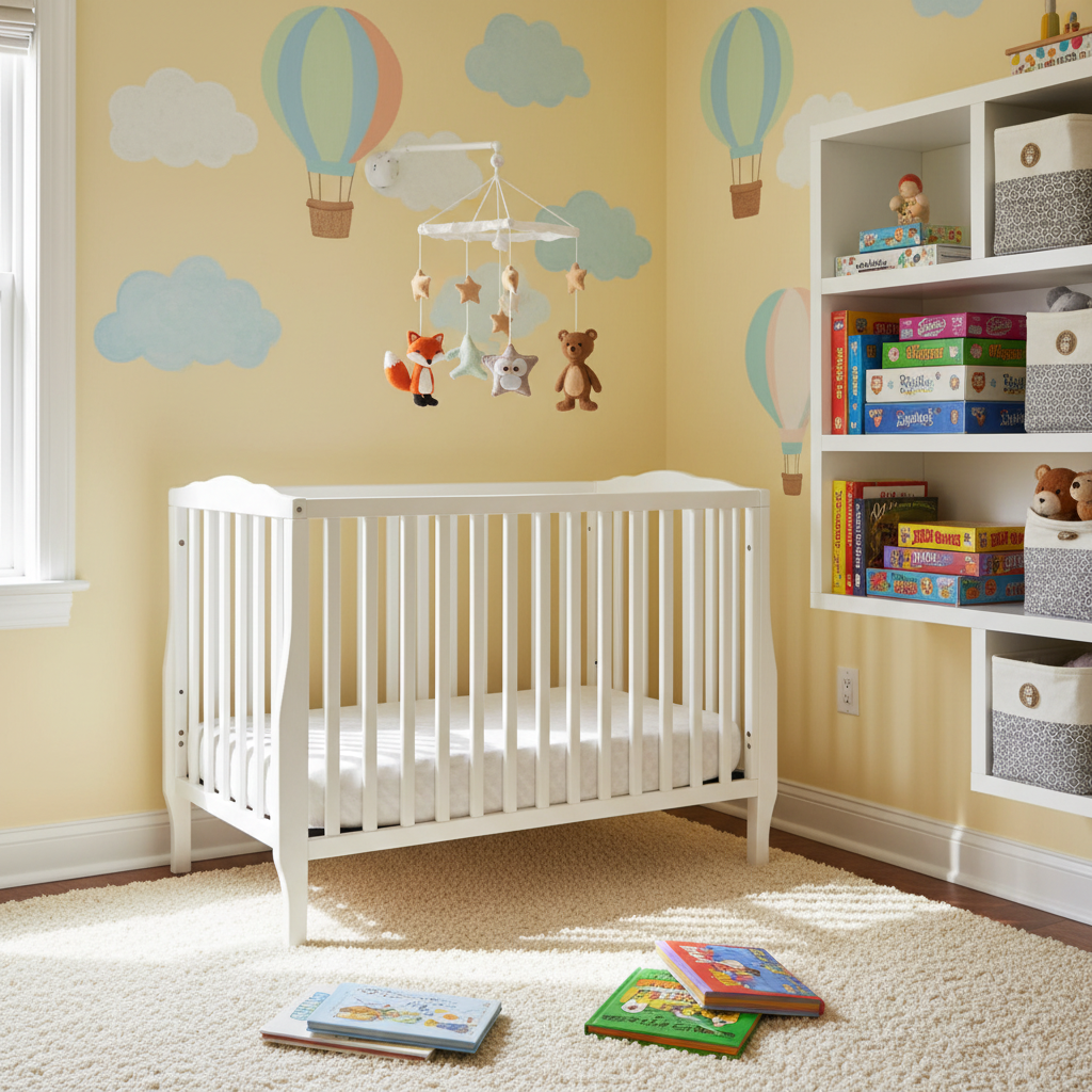 A bright, cheerful nursery corner with a sturdy white crib against a soft, buttery yellow wall, adorned with a hand-painted mural of whimsical clouds and hot air balloons. A mobile of wooden stars and felt animals hangs above the crib, gently tilted as if recently set in motion. Natural morning light spills in from an unseen window, creating soft highlights along the crib rails and a gentle glow on a plush rug scattered with picture books. Photographic realism from a slightly elevated angle, with balanced composition showing open shelves displaying board games and baskets. The atmosphere feels playful, safe, and thoughtfully prepared for a child’s arrival.
