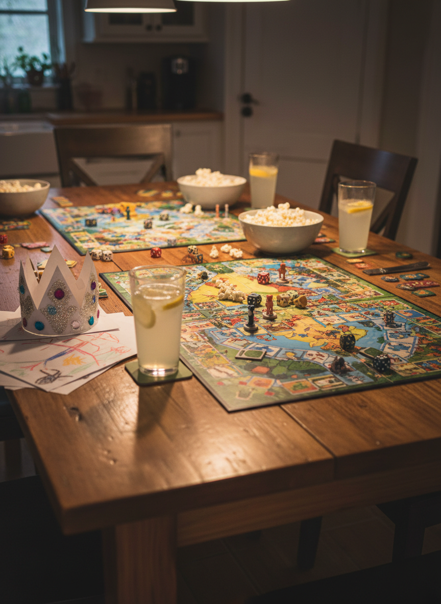 A large wooden kitchen table set up for a playful family game night, covered with a colorful board game in mid-play, scattered dice, mismatched bowls of popcorn, and a couple of half-finished glasses of lemonade with condensation beading on the sides. Crayon drawings and a construction paper crown sit off to one side, as if a child just stepped away. Warm pendant lighting overhead casts a soft, intimate glow, creating gentle reflections on the smooth table surface. Shot in photographic realism from a slightly elevated angle, using the rule of thirds so the game is central and the art projects are blurred but visible in the background. The mood is joyful, casual, and full of potential shared memories.