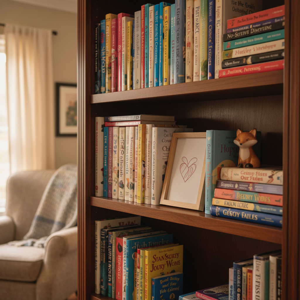 A thoughtfully arranged bookshelf in a cozy den, filled with a mix of parenting books, classic children’s novels, and colorful picture books. Some spines are well-worn, others crisp and new. A wooden picture frame with a simple heart illustration leans against a row of titles about adoption, belonging, and family. A small ceramic fox bookend supports a stack of story collections. Soft late-morning natural light from a nearby window creates gentle highlights on the book spines and a warm glow on the rich wood grain. Captured in photographic realism at eye level with a shallow depth of field, the central area of adoption and parenting books is in sharp focus, conveying thoughtfulness, readiness, and an honest dedication to learning and nurturing.